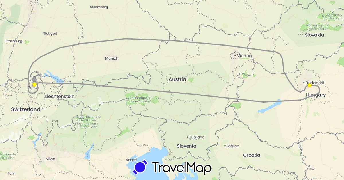 TravelMap itinerary: driving, plane in Switzerland, Hungary (Europe)