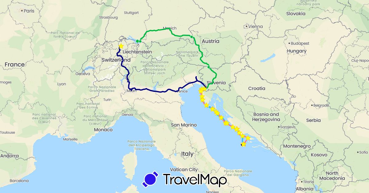 TravelMap itinerary: driving, bus, boat, hitchhiking, boat 2 in Austria, Switzerland, Germany, Croatia, Slovenia (Europe)