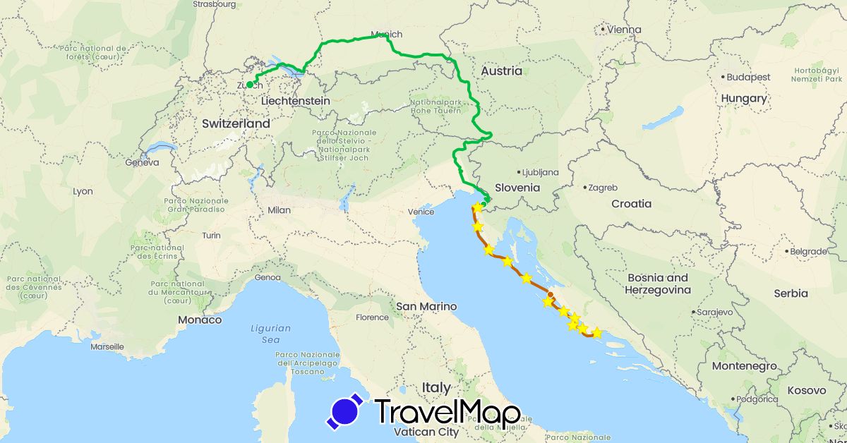 TravelMap itinerary: driving, bus, boat 3 in Switzerland, Croatia, Slovenia (Europe)