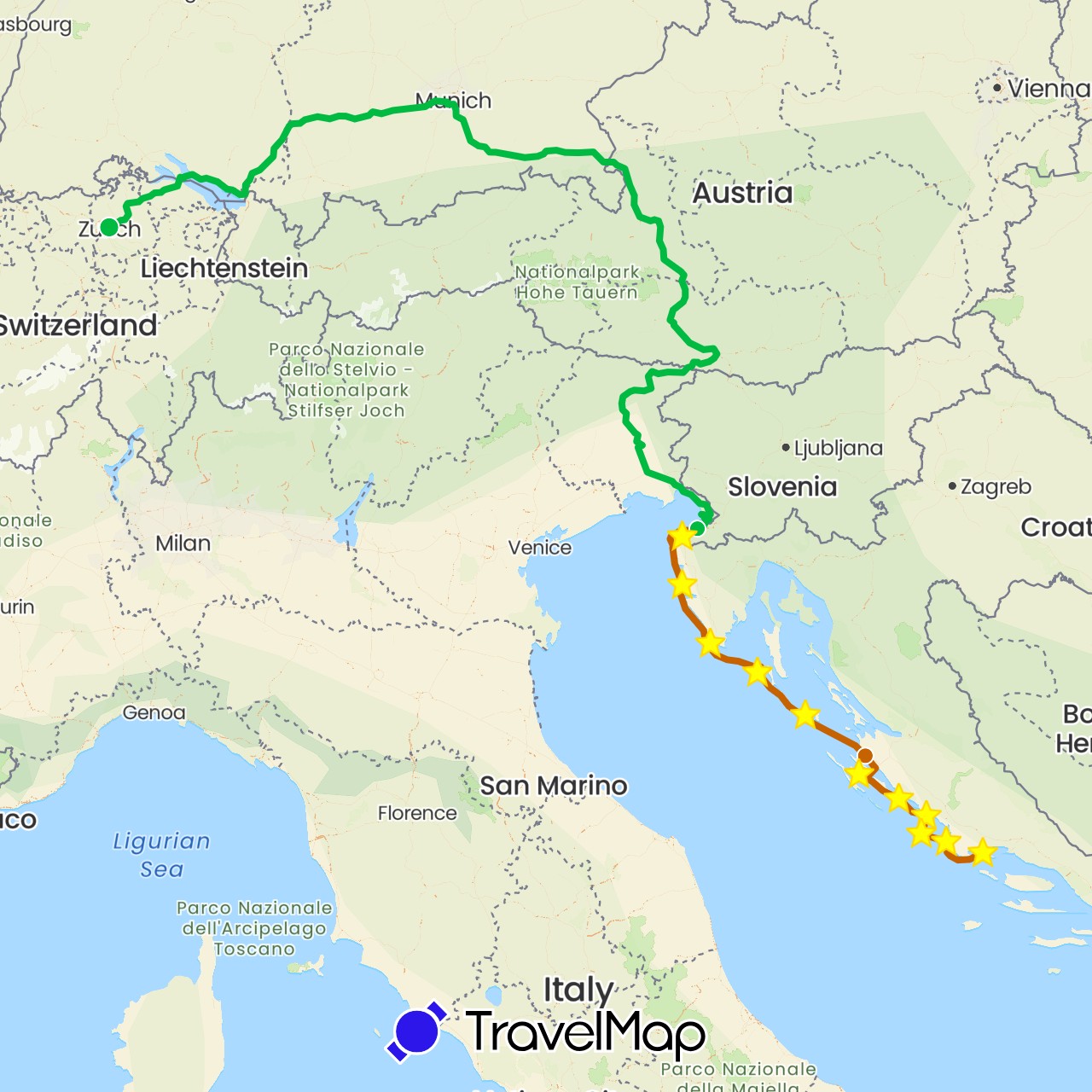 TravelMap itinerary: driving, bus, boat 3 in Switzerland, Croatia, Slovenia (Europe)