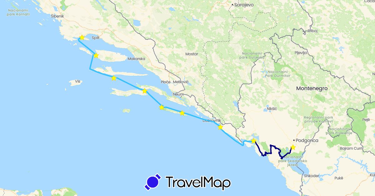 TravelMap itinerary: driving, boat in Croatia, Montenegro (Europe)