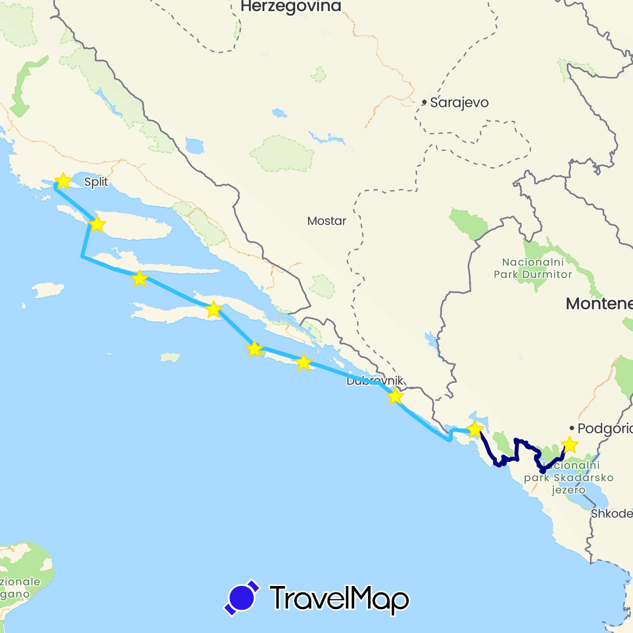 TravelMap itinerary: driving, boat in Croatia, Montenegro (Europe)