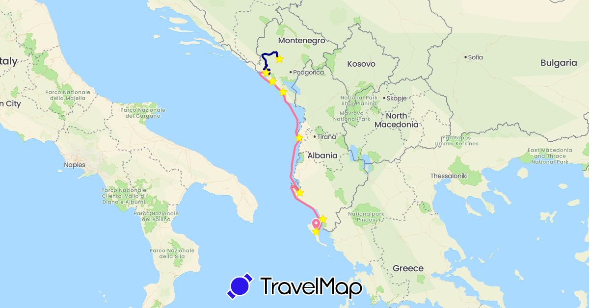TravelMap itinerary: driving, boat 2, boat 3 in Albania, Greece, Montenegro (Europe)