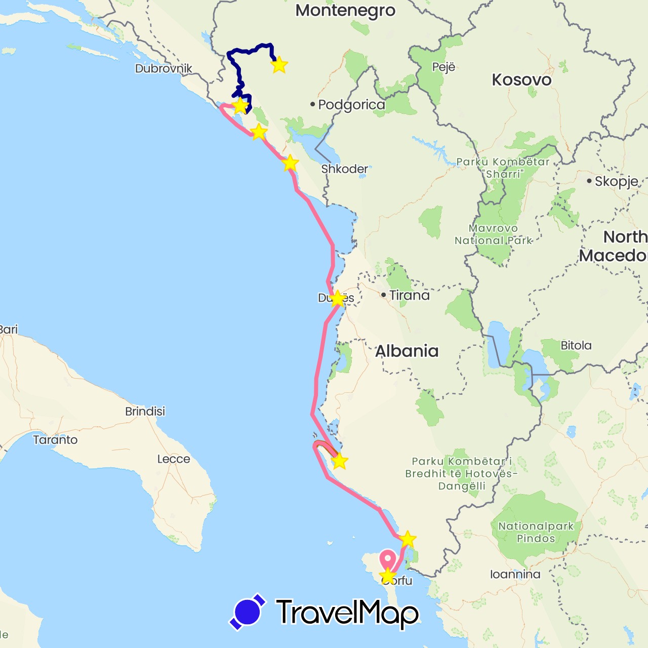 TravelMap itinerary: driving, boat 2, boat 3 in Albania, Greece, Montenegro (Europe)