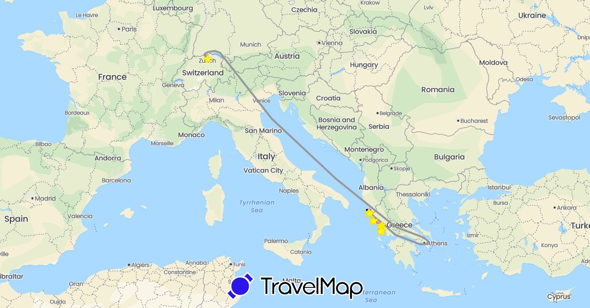 TravelMap itinerary: driving, plane, hiking, mietauto 1 in italien, boat 2, boat 3 in Switzerland, Greece (Europe)