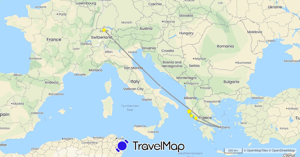 TravelMap itinerary: driving, plane, hiking, boat, boat 2, boat 3, standort in Switzerland, Greece (Europe)