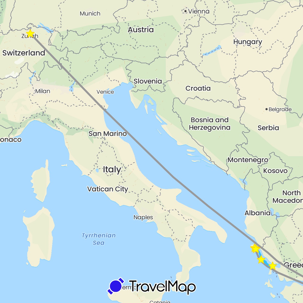TravelMap itinerary: driving, plane, hiking, boat, boat 2, boat 3, standort in Switzerland, Greece (Europe)