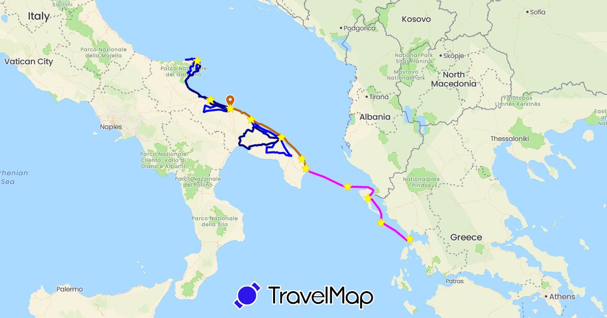 TravelMap itinerary: driving, hiking, Überfahrt nach italien, mietauto 1 in italien, boat 3 in Greece, Italy (Europe)