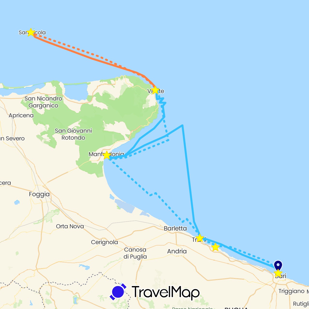 TravelMap itinerary: driving, boat, fähre in Italy (Europe)