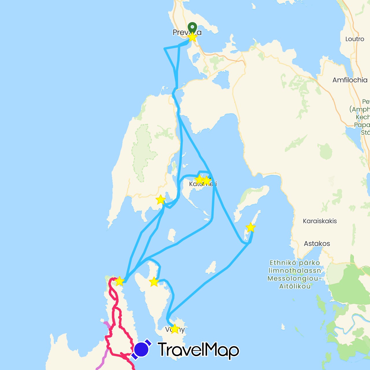 TravelMap itinerary: boat, pw rundreise 1, walking, pw rundreise 2 in Greece (Europe)