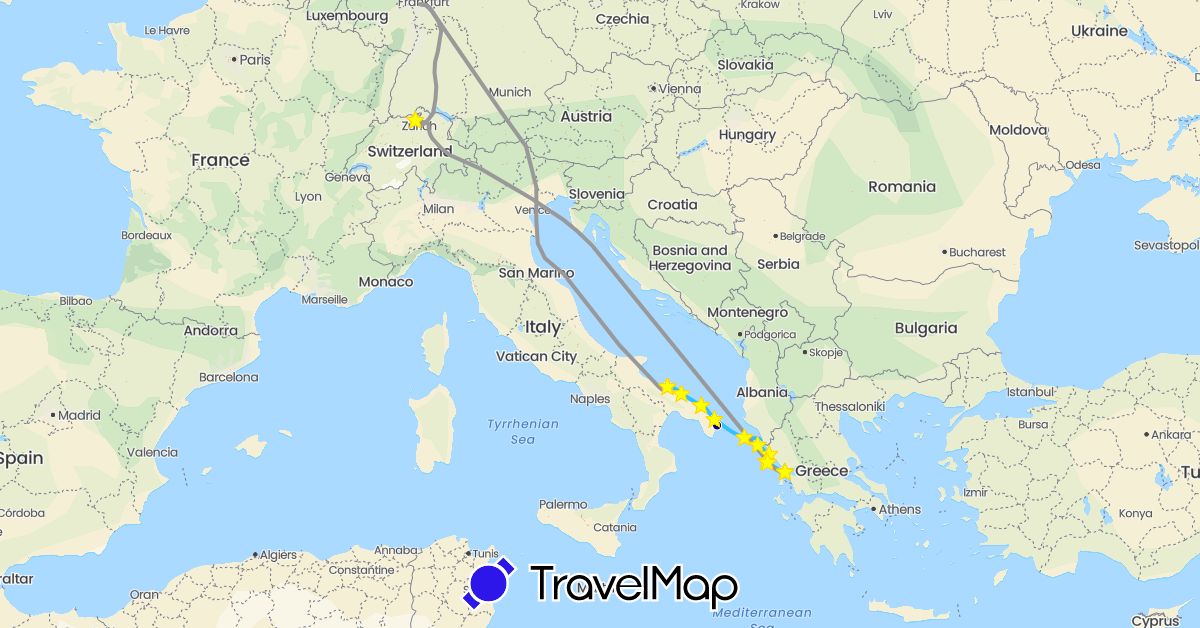 TravelMap itinerary: driving, bus, plane, hiking, boat, hitchhiking, mietauto 1 in italien, boat 2, flugzeug, walking in Switzerland, Germany, Greece, Italy (Europe)