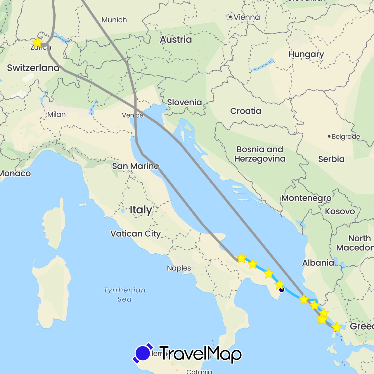 TravelMap itinerary: driving, bus, plane, hiking, boat, hitchhiking, mietauto 1 in italien, boat 2, flugzeug, walking in Switzerland, Germany, Greece, Italy (Europe)