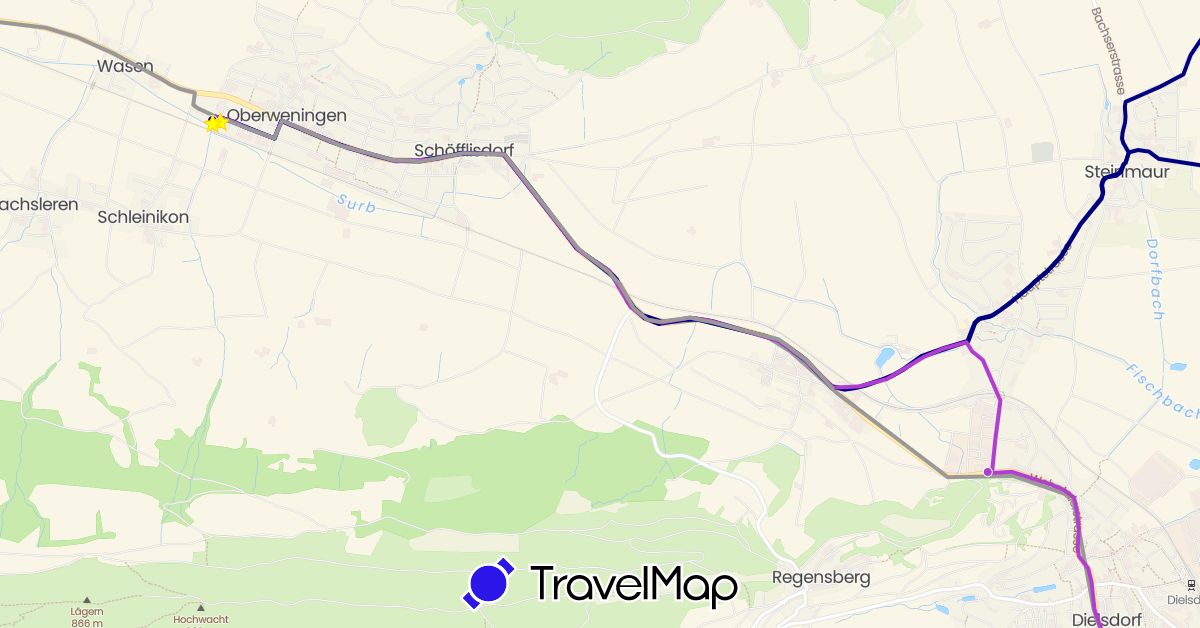 TravelMap itinerary: driving, plane, hiking, ford mustang ausflüge in Switzerland (Europe)