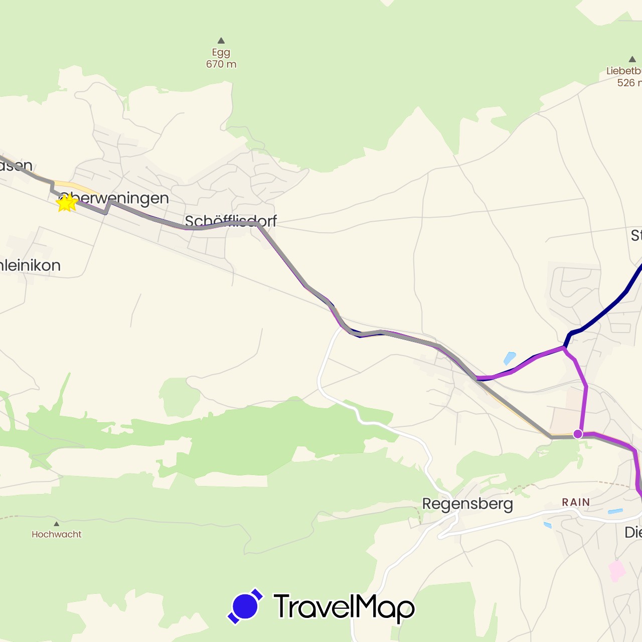 TravelMap itinerary: driving, plane, hiking, ford mustang ausflüge in Switzerland (Europe)
