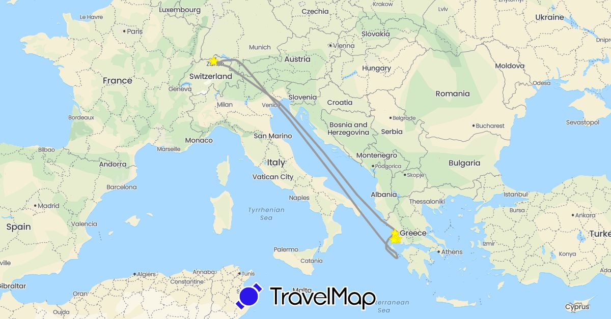 TravelMap itinerary: plane, cycling, hiking, boat, hitchhiking, pw rundreise 1, walking in Switzerland, Greece (Europe)