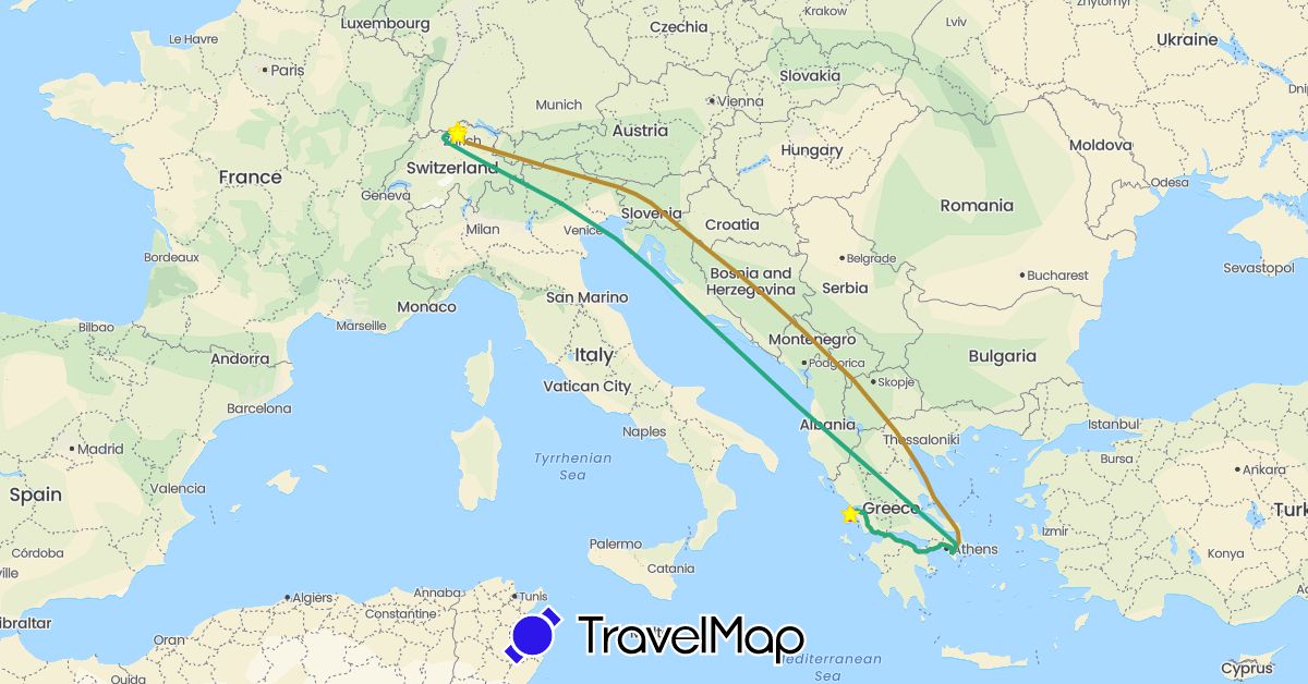 TravelMap itinerary: plane, hitchhiking, pw rundreise 1, standort, hinreise nov. 2021, rückreise nov. 2021, pw rundreise 2 in Switzerland, Greece (Europe)
