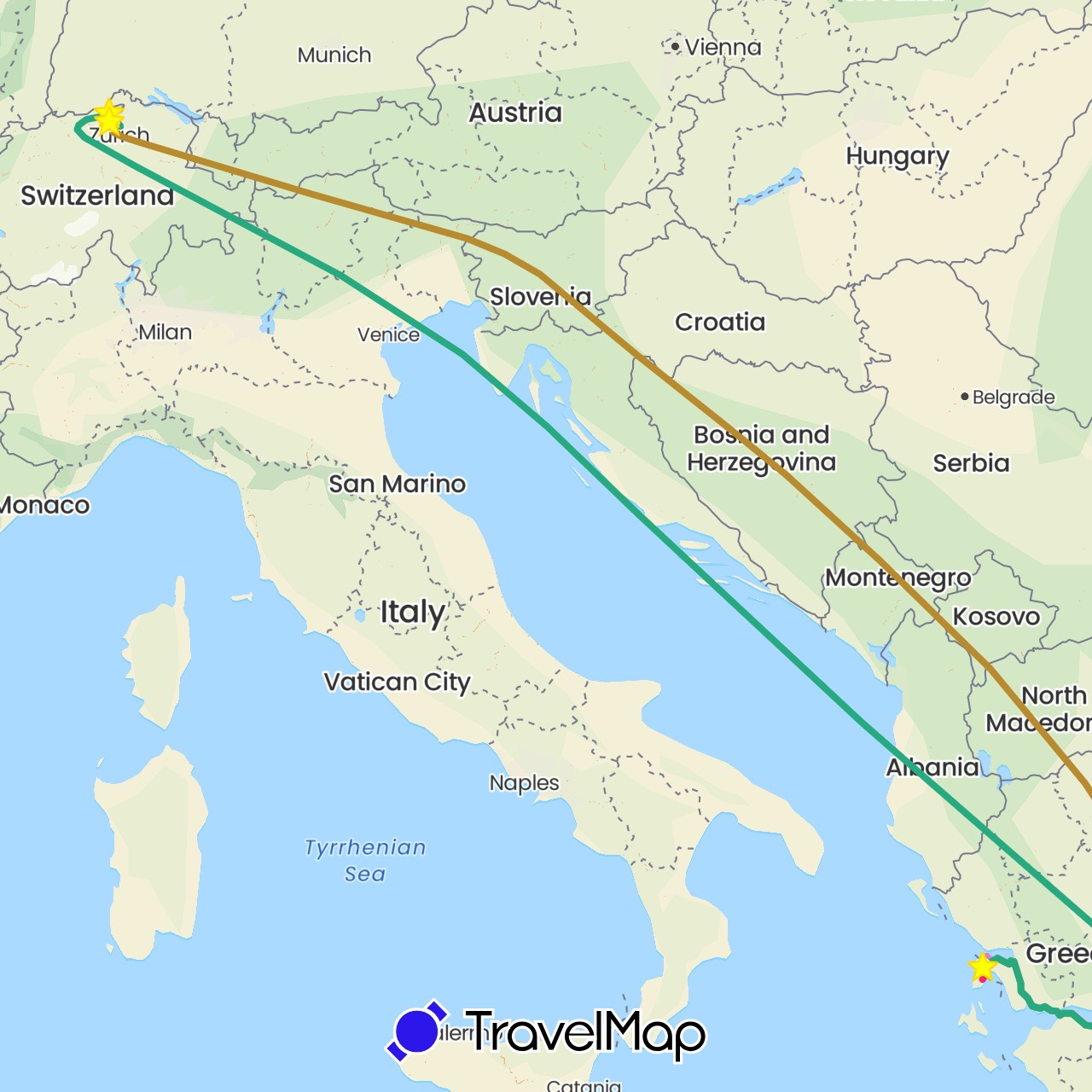 TravelMap itinerary: plane, hitchhiking, pw rundreise 1, standort, hinreise nov. 2021, rückreise nov. 2021, pw rundreise 2 in Switzerland, Greece (Europe)