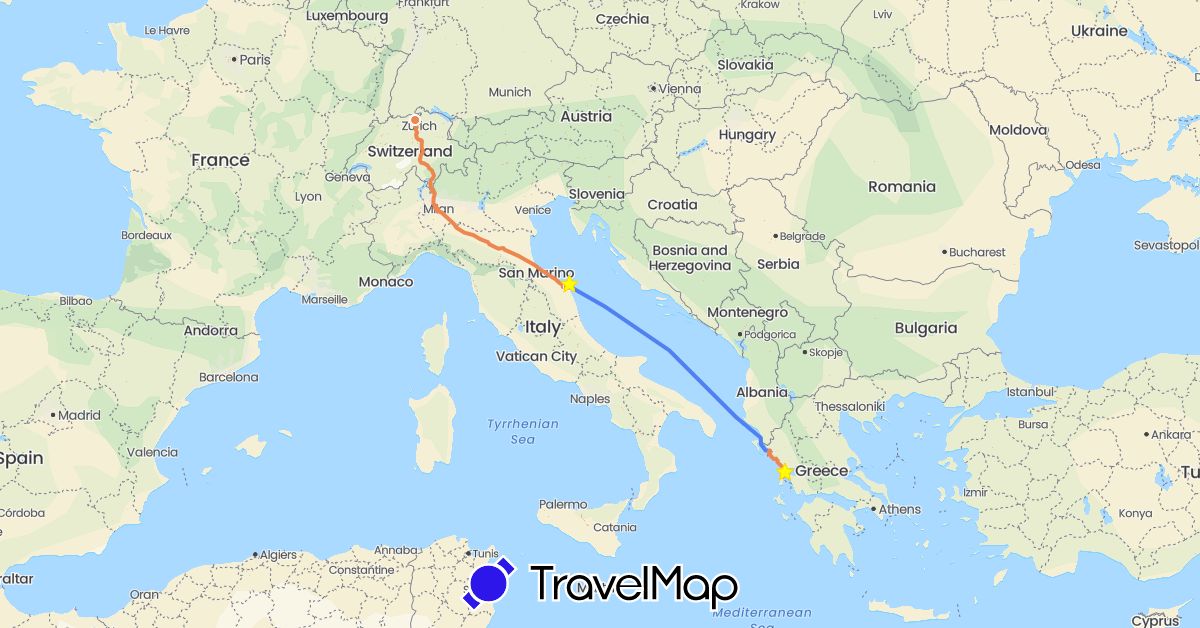TravelMap itinerary: plane, electric vehicle, pw rundreise 1, walking, standort, pw hinreise 1, fähre hinreise 2 in Switzerland, Greece, Italy (Europe)