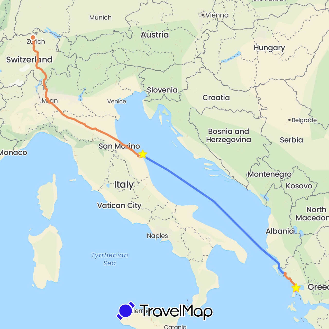 TravelMap itinerary: plane, electric vehicle, pw rundreise 1, walking, standort, pw hinreise 1, fähre hinreise 2 in Switzerland, Greece, Italy (Europe)