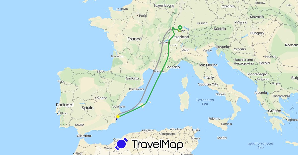 TravelMap itinerary: driving, plane, rückreise märz 2022 in Switzerland, Spain (Europe)