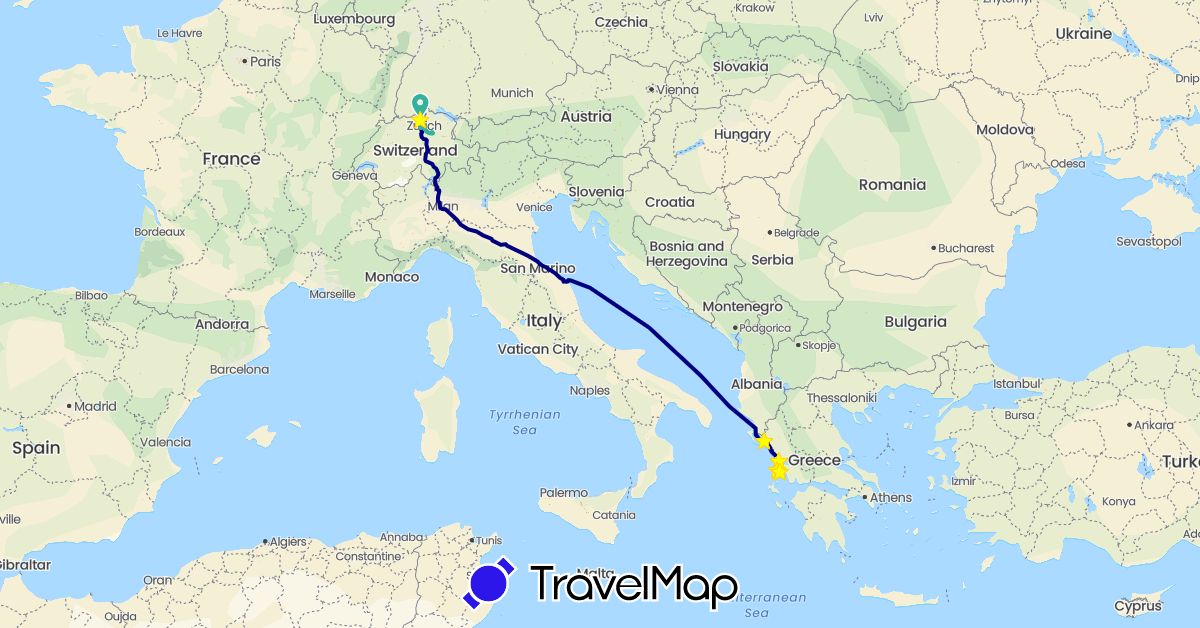 TravelMap itinerary: driving, hiking, boat, hitchhiking, pw rundreise 1, rundreise mit pw & schiff, standort, fahrrad in Switzerland, Greece (Europe)