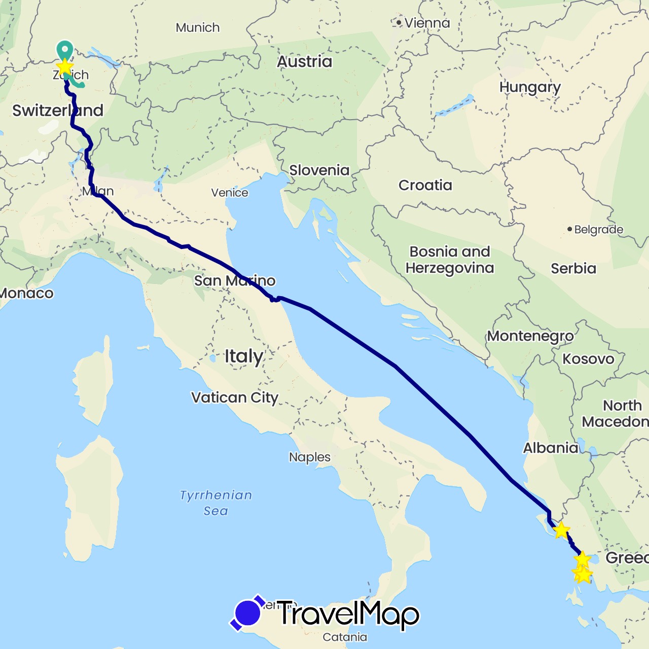 TravelMap itinerary: driving, hiking, boat, hitchhiking, pw rundreise 1, rundreise mit pw & schiff, standort, fahrrad in Switzerland, Greece (Europe)