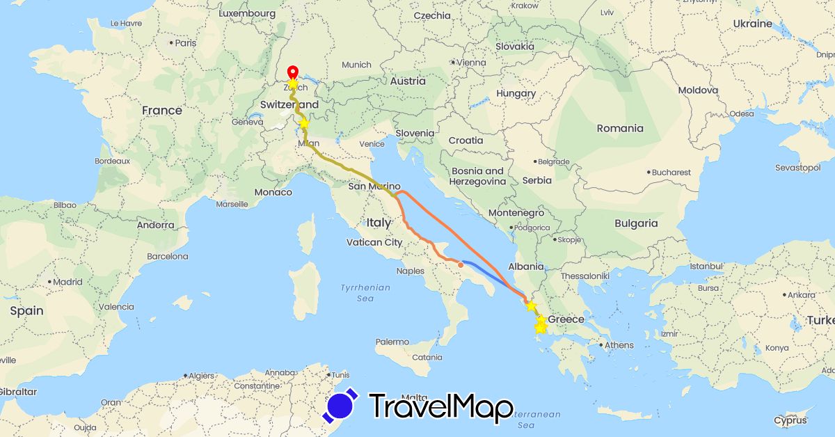 TravelMap itinerary: boat, hitchhiking, fähre, pw rundreise 1, standort, pw hinreise 1, fähre hinreise 2, rückreise juli 2022 in Switzerland, Greece, Italy (Europe)