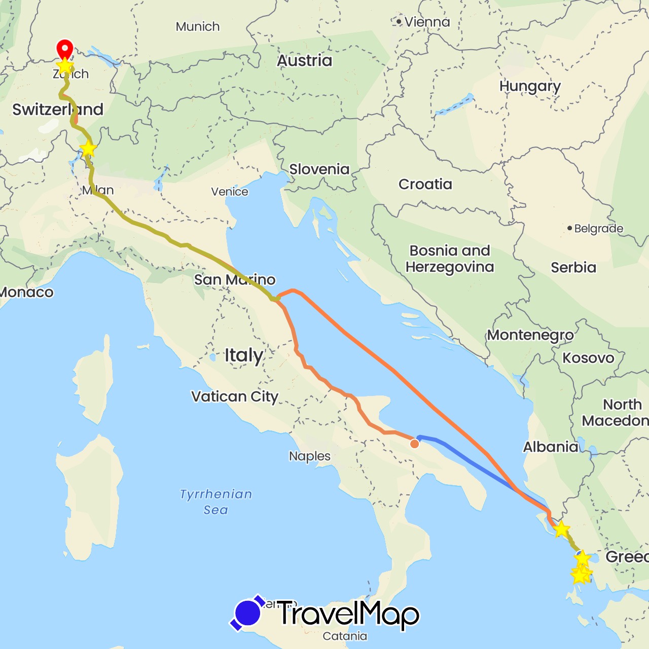 TravelMap itinerary: boat, hitchhiking, fähre, pw rundreise 1, standort, pw hinreise 1, fähre hinreise 2, rückreise juli 2022 in Switzerland, Greece, Italy (Europe)