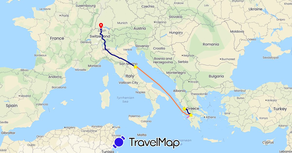 TravelMap itinerary: driving, boat, fähre, pw rundreise 1, standort in Switzerland, Greece, Italy (Europe)