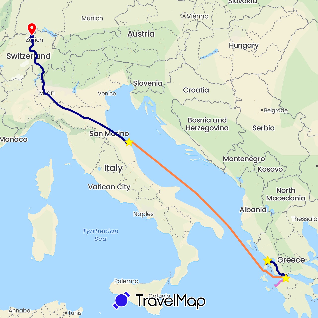 TravelMap itinerary: driving, boat, fähre, pw rundreise 1, standort in Switzerland, Greece, Italy (Europe)
