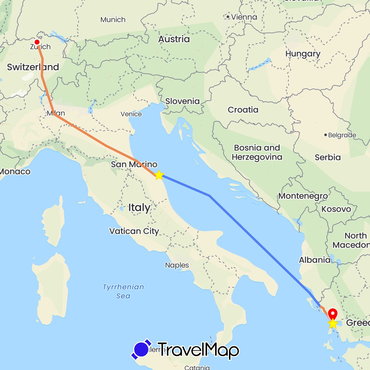TravelMap itinerary: driving, boat, standort, pw hinreise 1, fähre hinreise 2 in Switzerland, Greece, Italy (Europe)