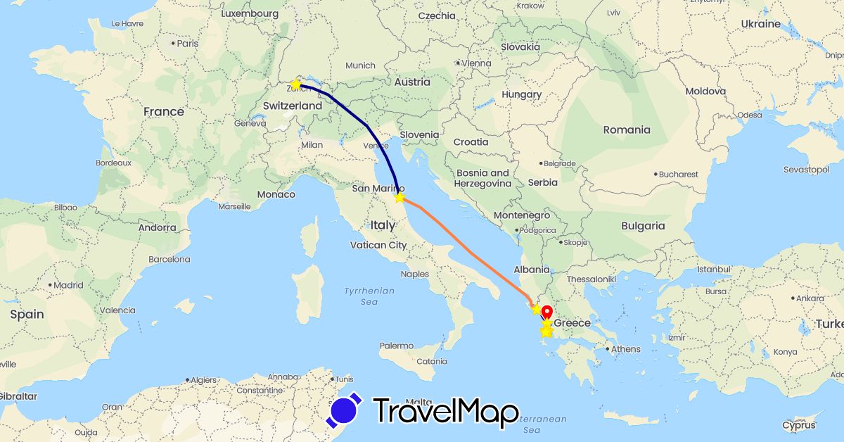 TravelMap itinerary: driving, hiking, boat, hitchhiking, fähre, walking, standort in Switzerland, Greece, Italy (Europe)