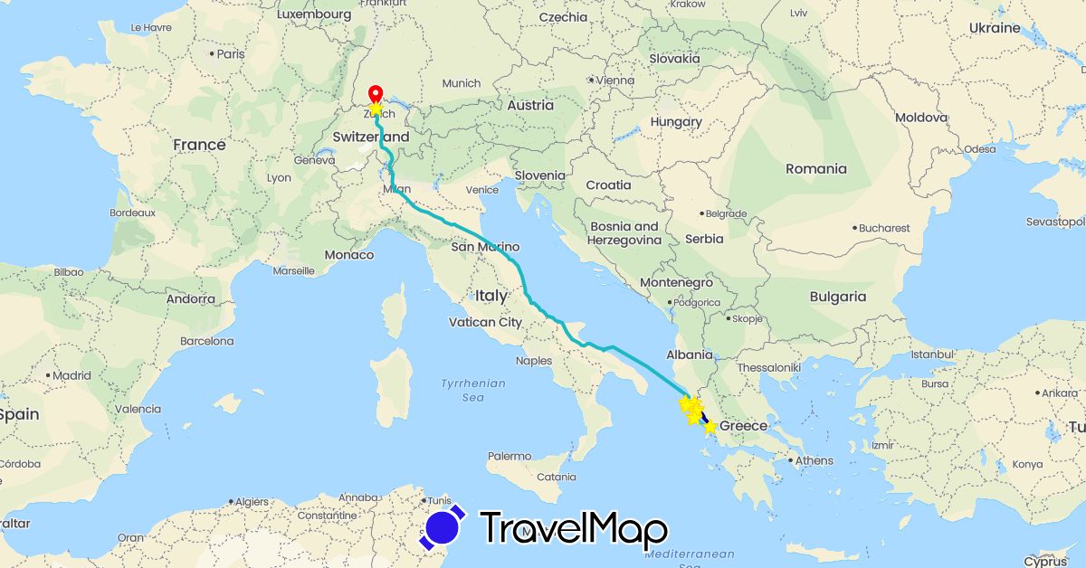 TravelMap itinerary: driving, boat, boat 4, standort, rückreise fähre & pw in Switzerland, Greece, Italy (Europe)