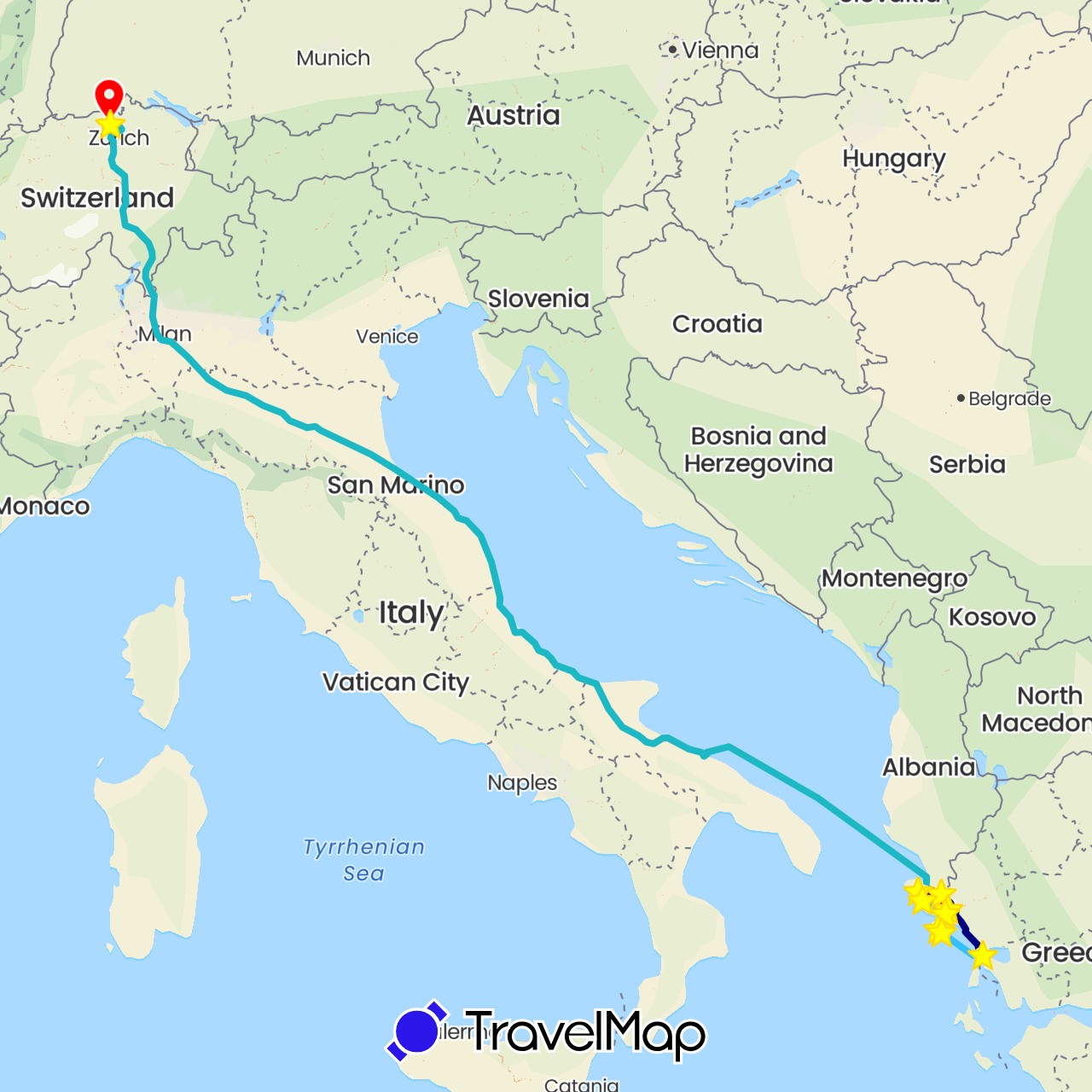 TravelMap itinerary: driving, boat, boat 4, standort, rückreise fähre & pw in Switzerland, Greece, Italy (Europe)