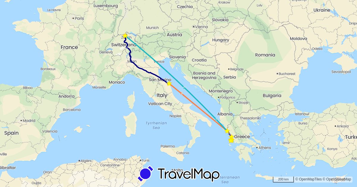 TravelMap itinerary: driving, boat, fähre, standort, rückreise fähre & pw in Switzerland, Greece, Italy (Europe)