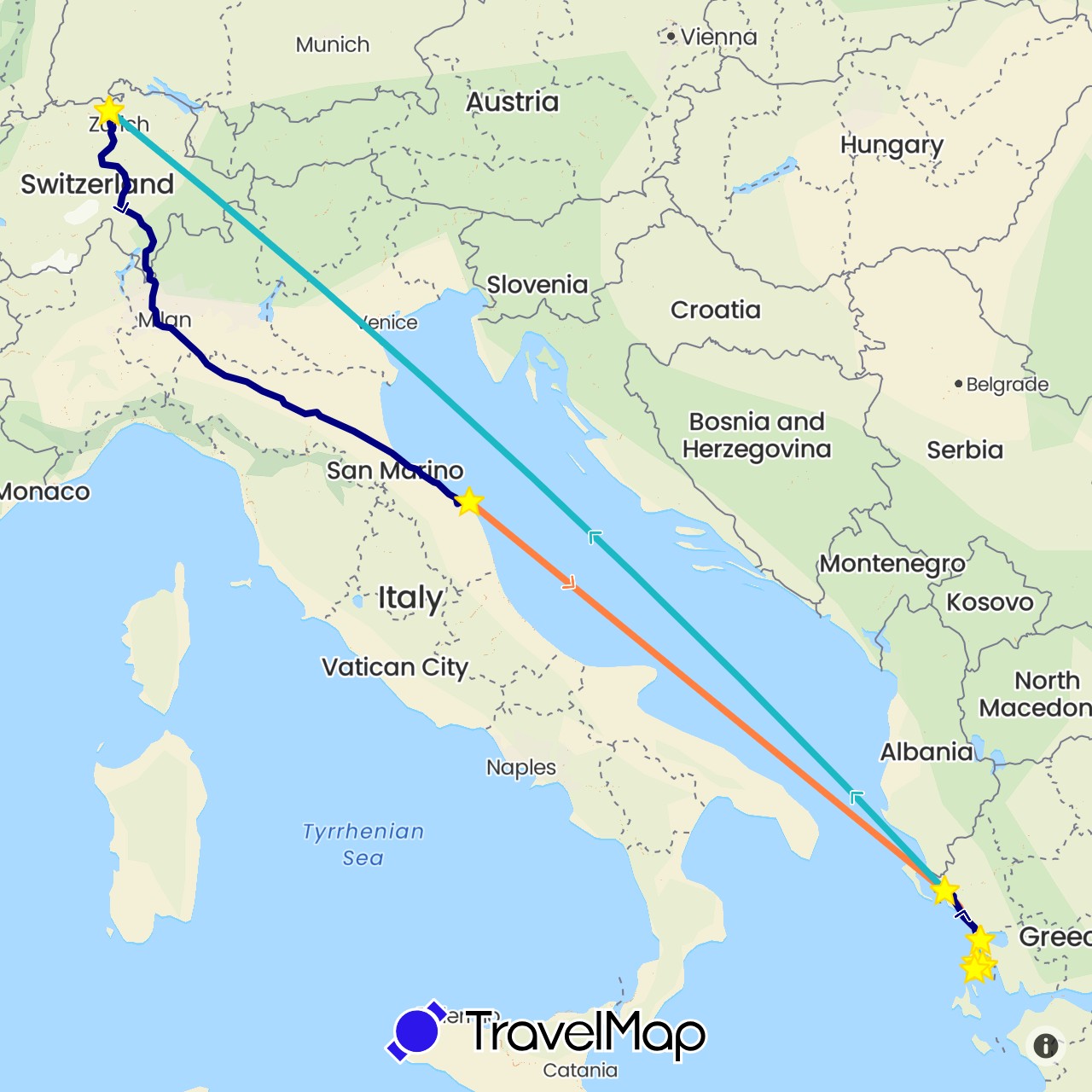 TravelMap itinerary: driving, boat, fähre, standort, rückreise fähre & pw in Switzerland, Greece, Italy (Europe)