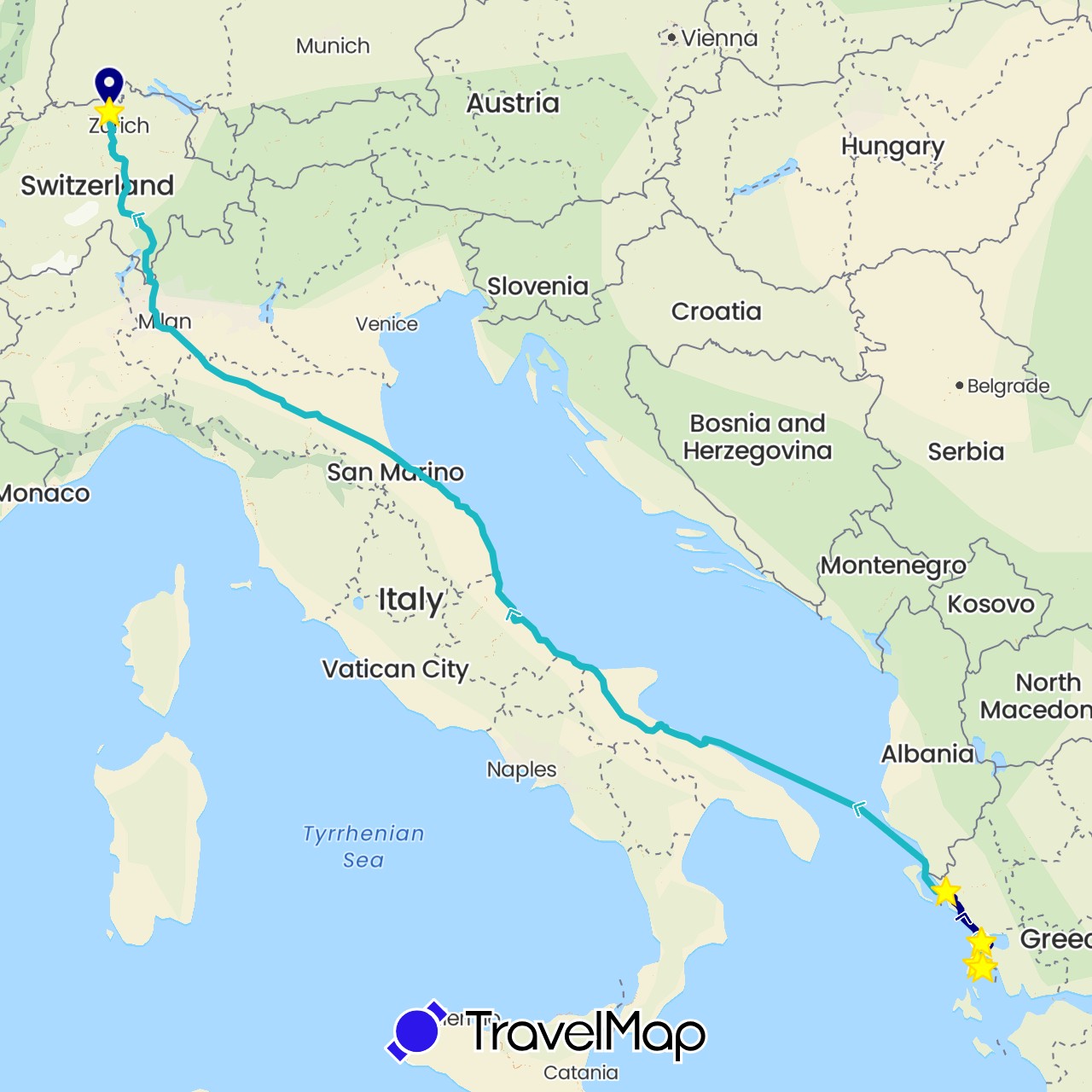 TravelMap itinerary: driving, boat, hitchhiking, pw rundreise 1, standort, rückreise fähre & pw in Switzerland, Greece, Italy (Europe)