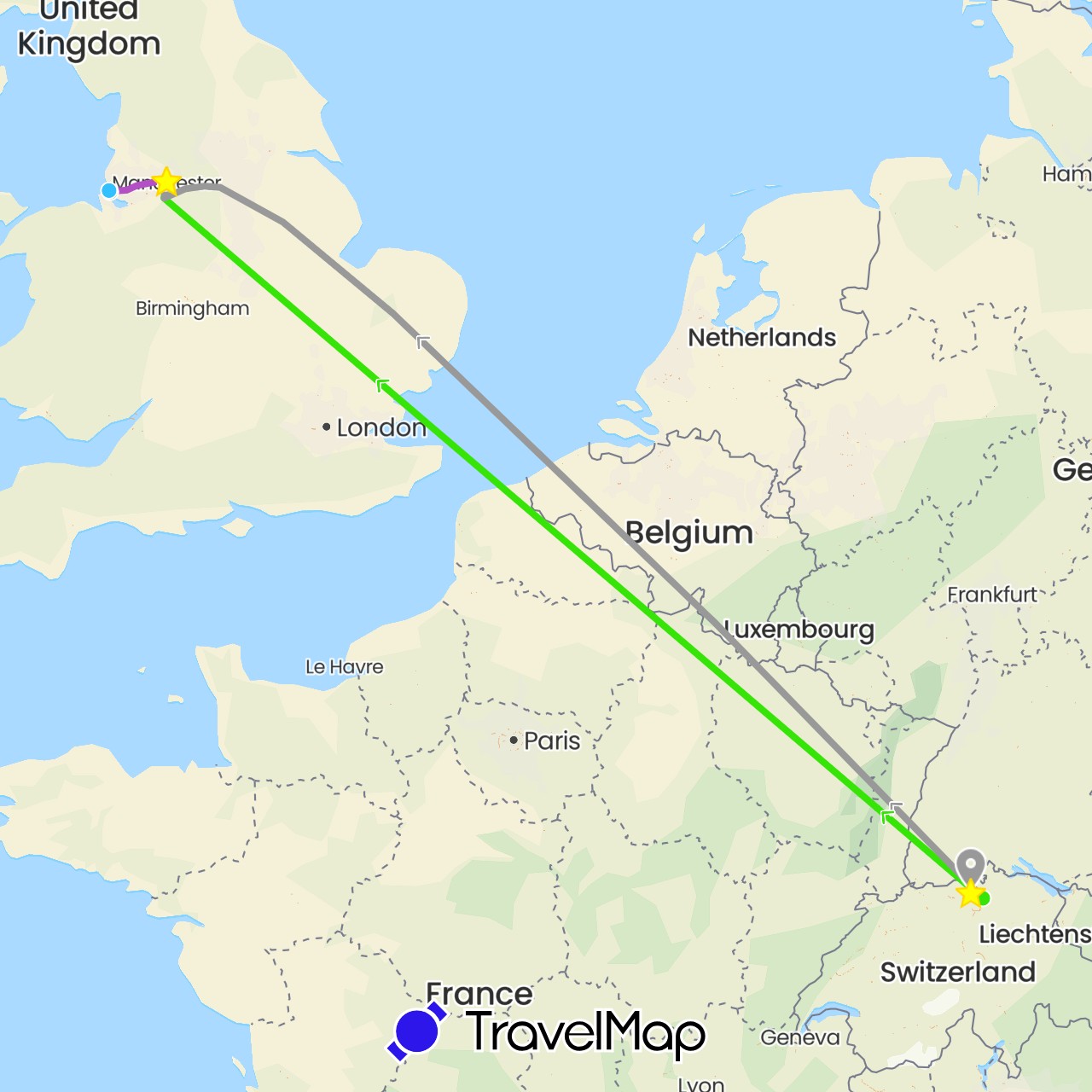 TravelMap itinerary: driving, plane, train, boat, hitchhiking, walking, hin- & rückreise in Switzerland, United Kingdom (Europe)