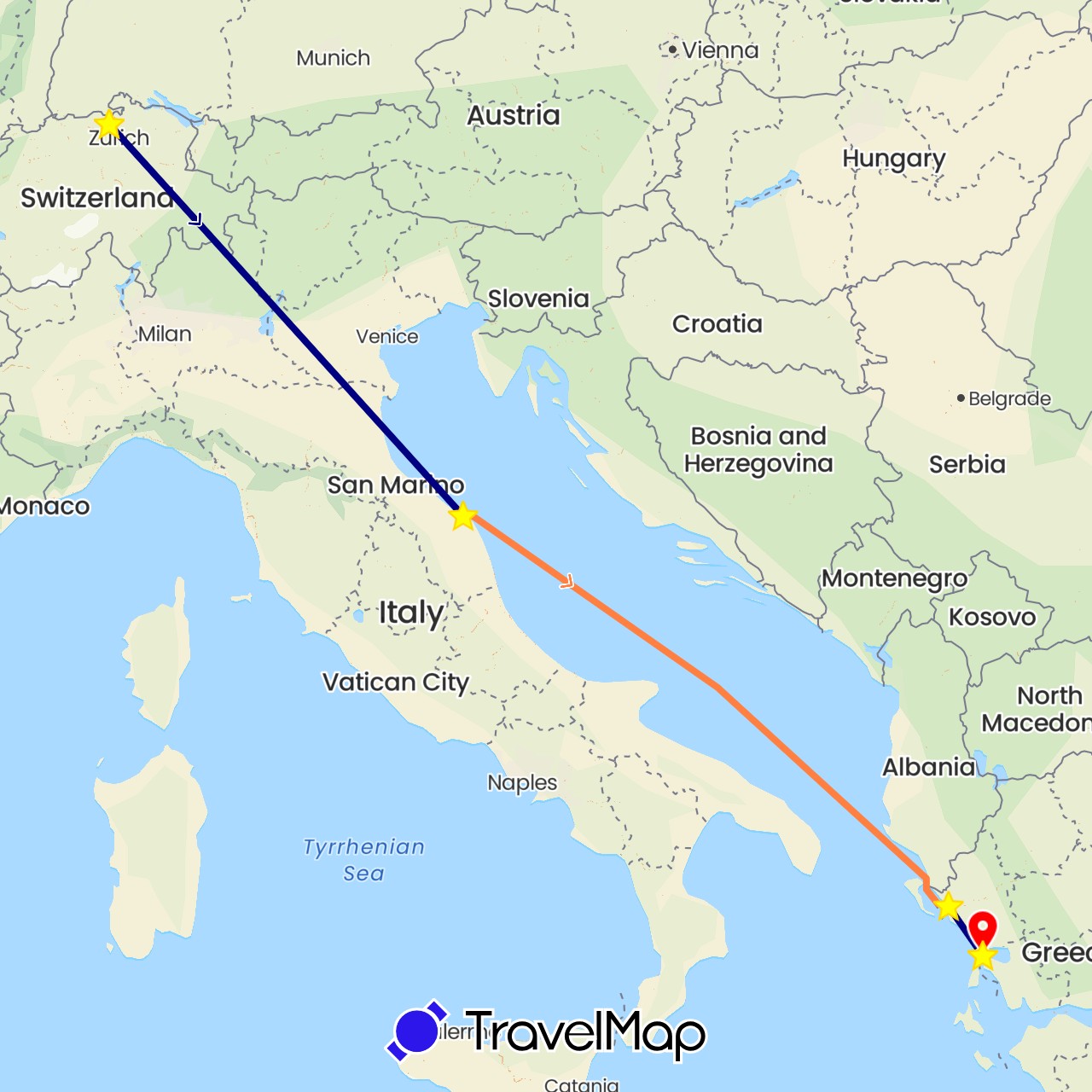 TravelMap itinerary: driving, fähre, standort in Switzerland, Greece, Italy (Europe)
