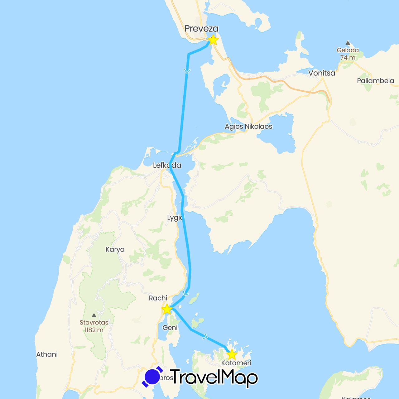 TravelMap itinerary: driving, boat, standort in Greece (Europe)