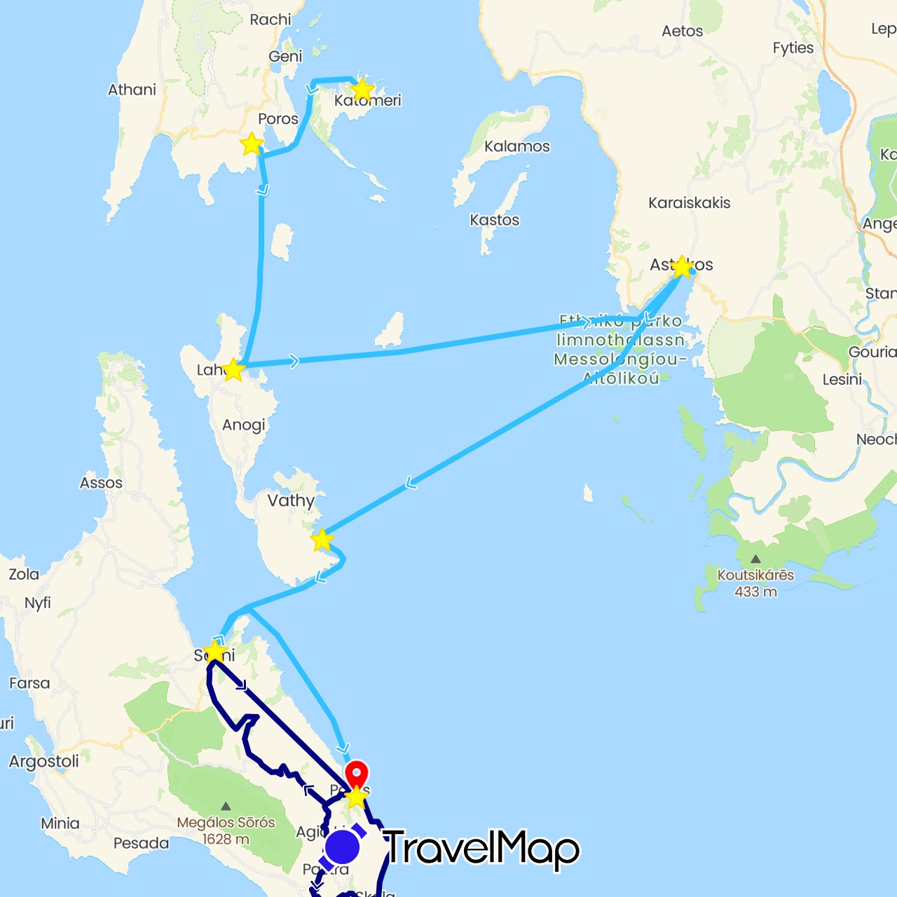 TravelMap itinerary: driving, boat, standort in Greece (Europe)