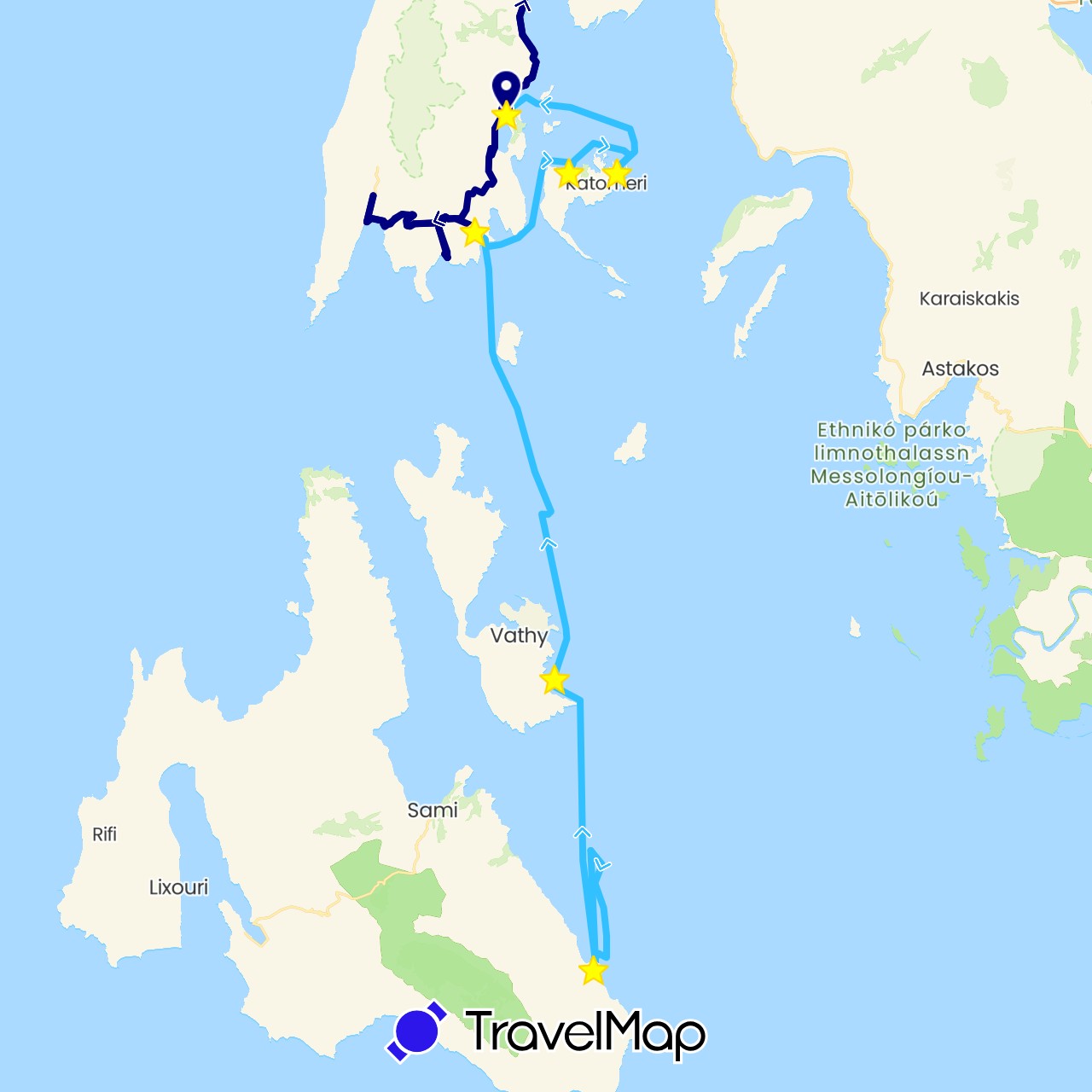 TravelMap itinerary: driving, boat, standort in Greece (Europe)