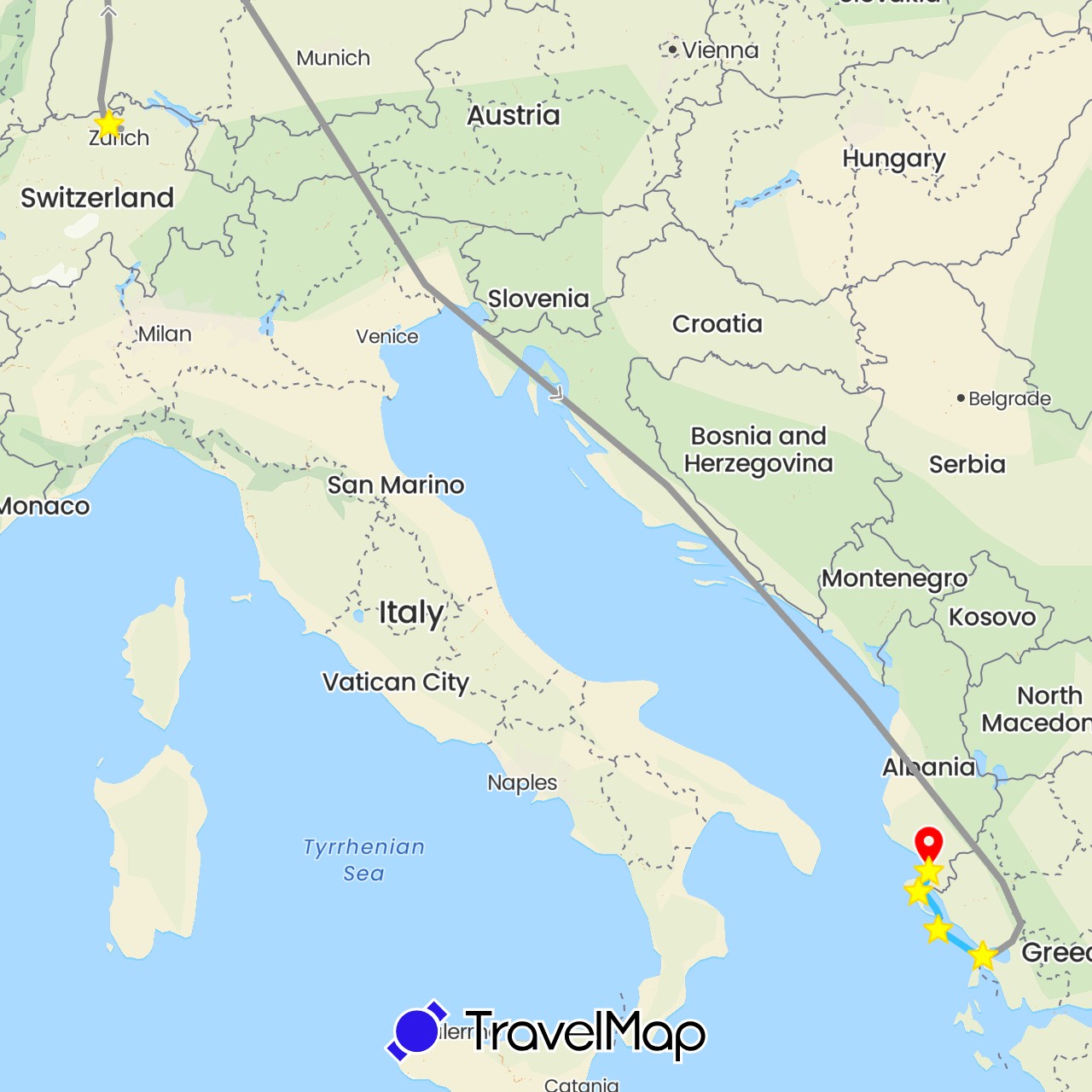 TravelMap itinerary: plane, boat, boat 3, standort in Albania, Switzerland, Greece (Europe)