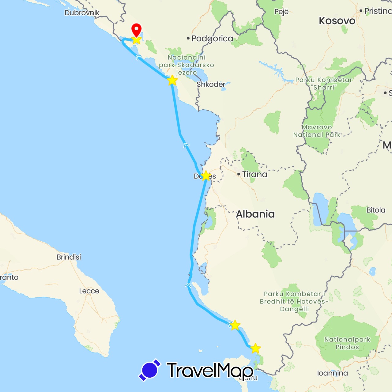 TravelMap itinerary: driving, boat, standort in Albania, Montenegro (Europe)