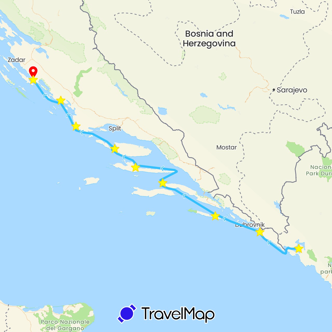 TravelMap itinerary: boat, standort in Croatia, Montenegro (Europe)
