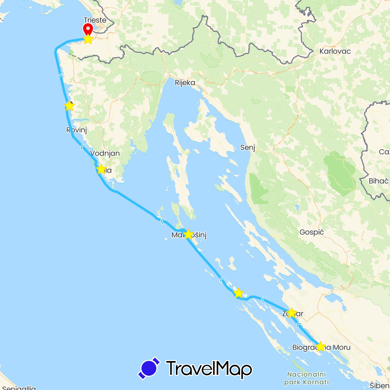 TravelMap itinerary: boat, motorbike, standort in Croatia, Slovenia (Europe)