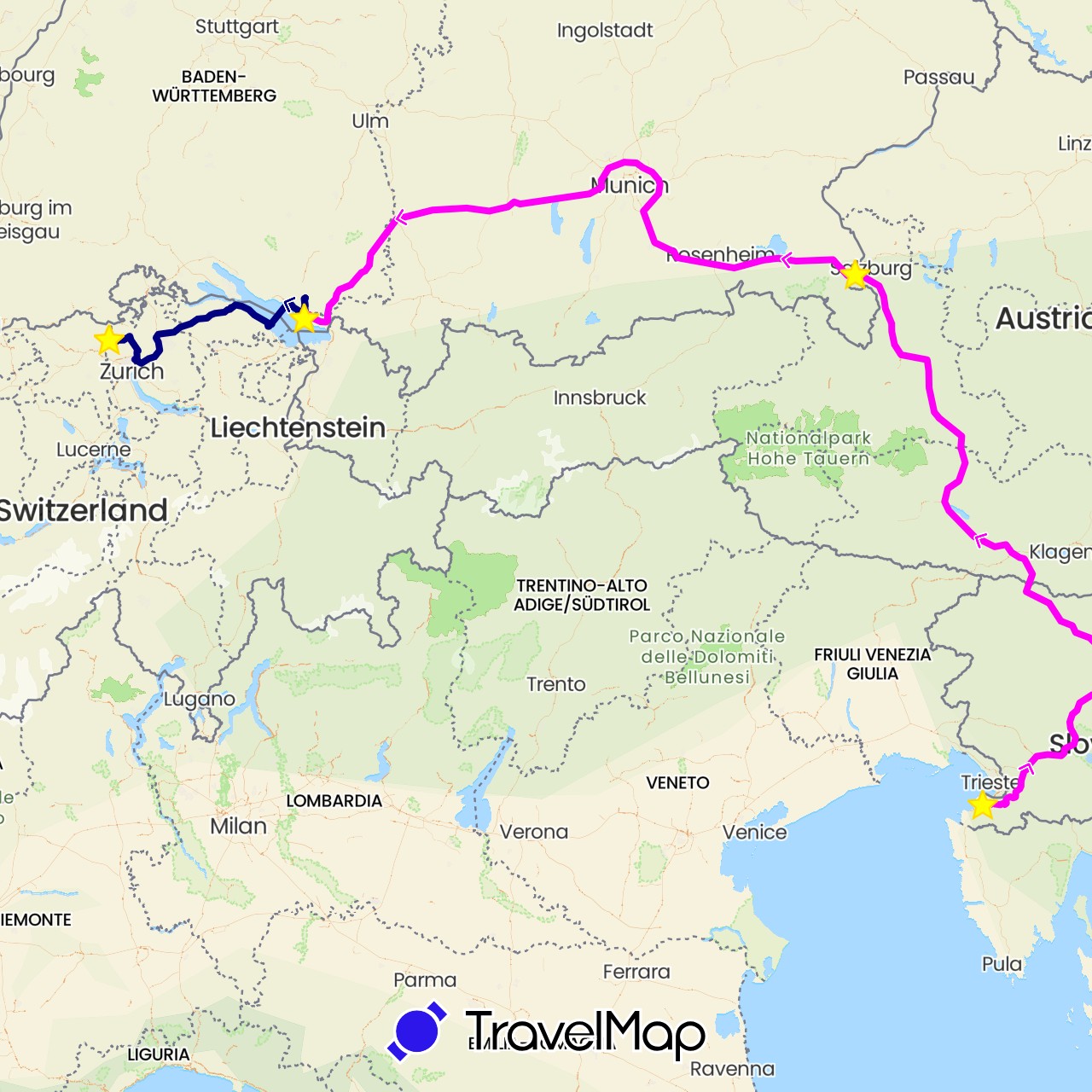 TravelMap itinerary: driving, boat, standort, schwertransport heimreise in Austria, Switzerland, Germany, Slovenia (Europe)