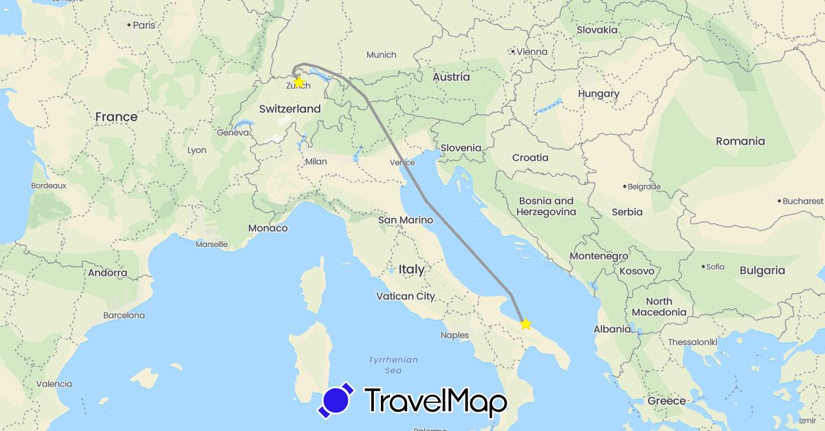 TravelMap itinerary: driving, bus, plane, boat, hitchhiking in Switzerland, Italy (Europe)