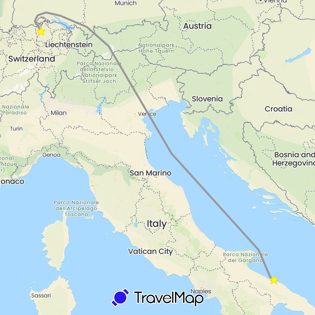 TravelMap itinerary: driving, bus, plane, boat, hitchhiking in Switzerland, Italy (Europe)