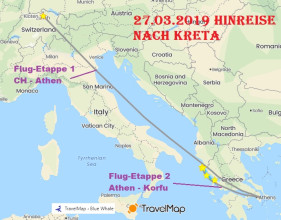 Karte der Hinreise nach Korfu